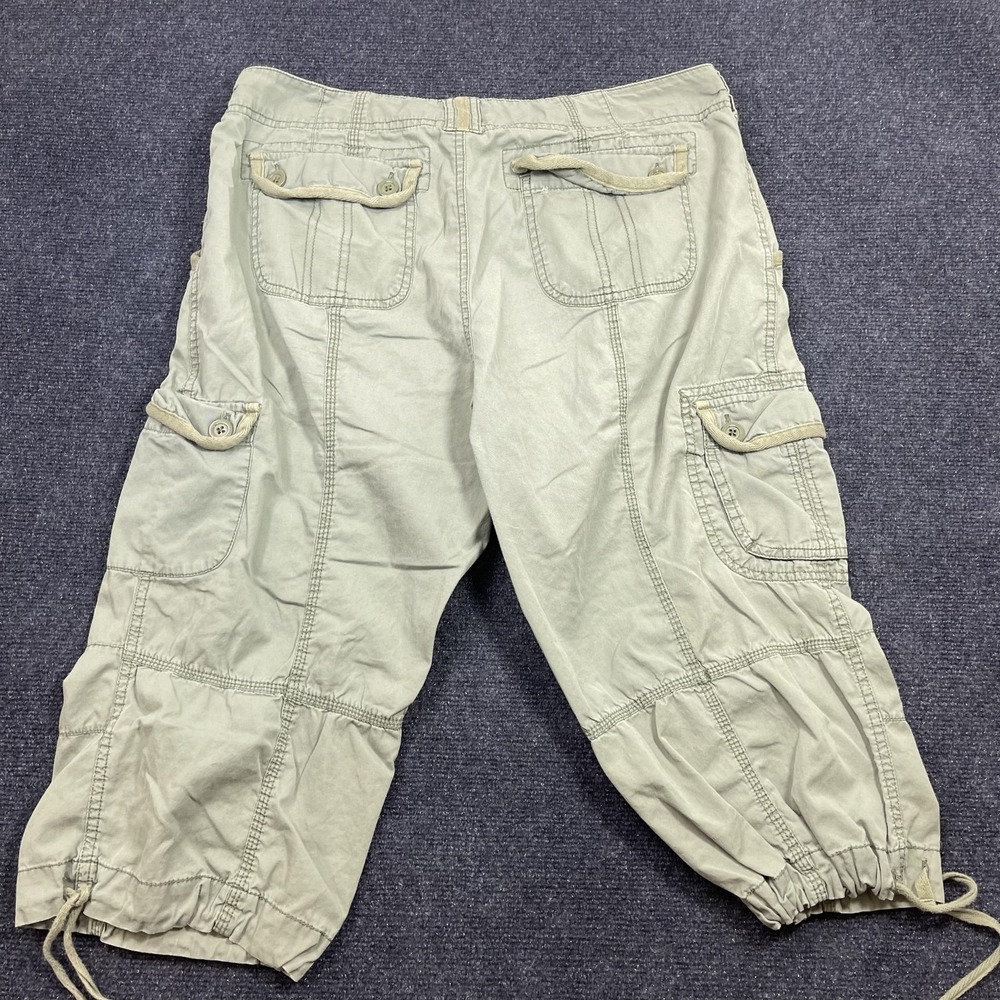 Y2K Faded Glory Cargo Pants Womens 14 Green Twill Crop Drawstring Pockets Capri